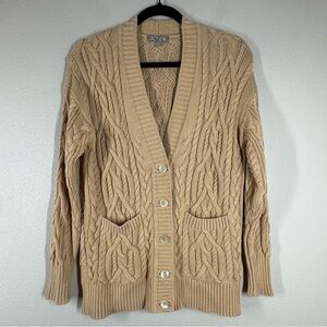 J Crew Cable Knit Cardigan Sweater Cream Cotton V Neck Oversized Women XS BZ494